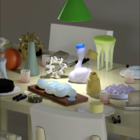 Screenshot 1 of 3 from a video titled Successful Supper I, II, III, a digital art experiment by Swedish art and design team Wang and Söderström. A table littered with objects of varying shapes and colors. As the video plays the vessels and objects on the table move and wiggle in unexpected ways, demonstrating unusual materiality alongside playful music.
